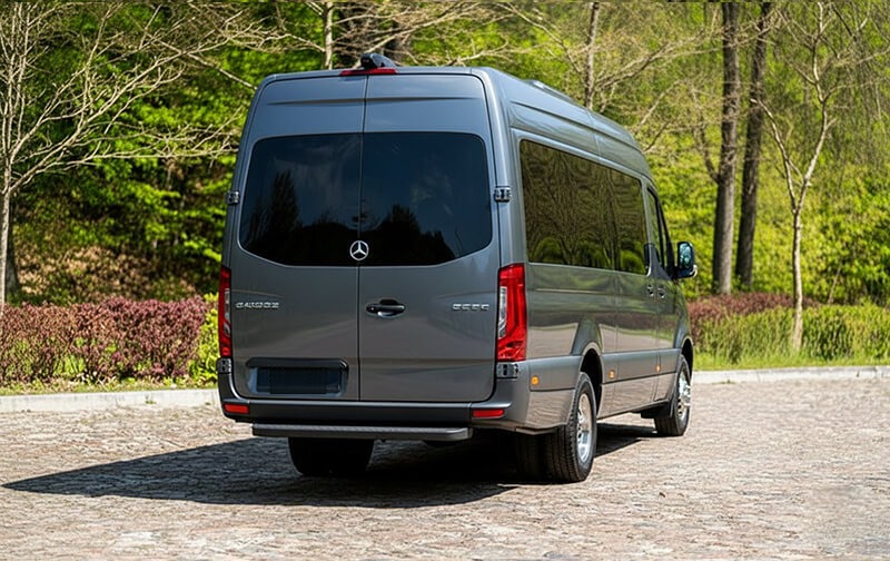 Grey Mercedes-Benz Sprinter minibus, rear three-quarter view